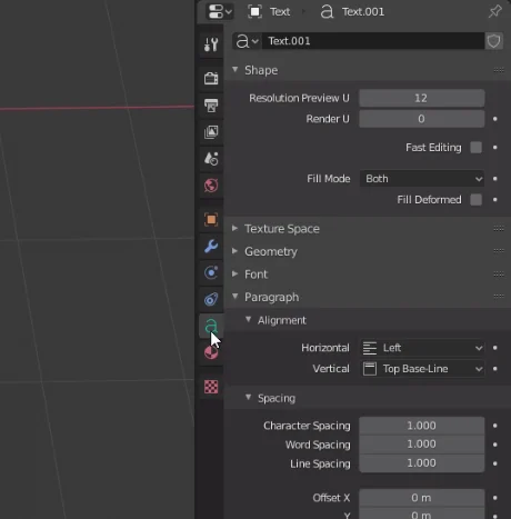 Blender Text Tab zum Einrichten von 3D-Buchstaben