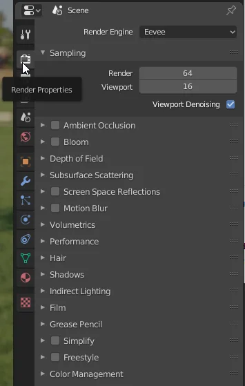 properties window of the eevee engine in blender