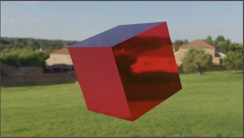 escena en blender eevee con un cubo rojo con transparencia y una textura de fondo ambiental