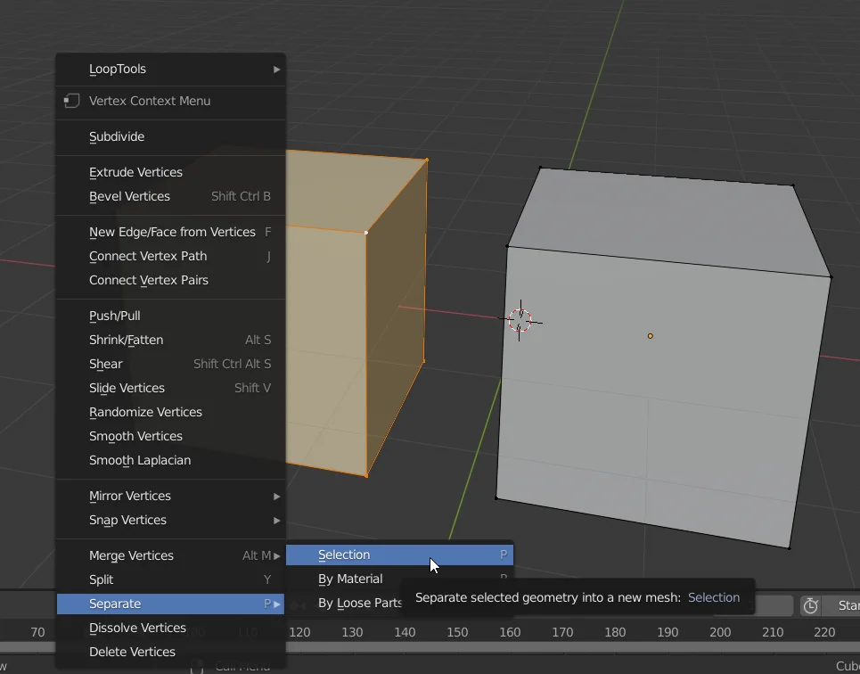 Para separar dos objetos en Blender usamos el menú separate, acceso rápido con la letra p