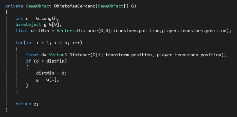 funcion en programacion que implementa un algoritmo que se encarga de encontrar todos los objetos cercanos al jugador, desarrollo de juegos en unity