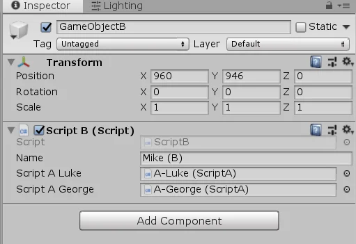 inspector de un gameobject en unity, scripts que se comunican entre si, programacion basica en unity