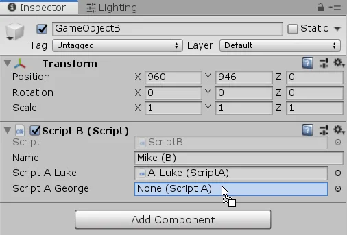 inspector de un gameobject en unity, scripts que se comunican entre si, programacion basica en unity