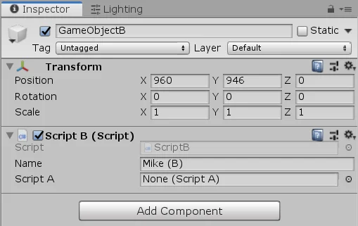 inspector de un gameobject en unity, scripts que se comunican entre si, programacion basica en unity