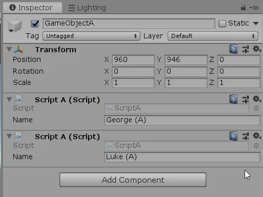 inspector de un gameobject en unity, scripts que se comunican entre si, programacion basica en unity