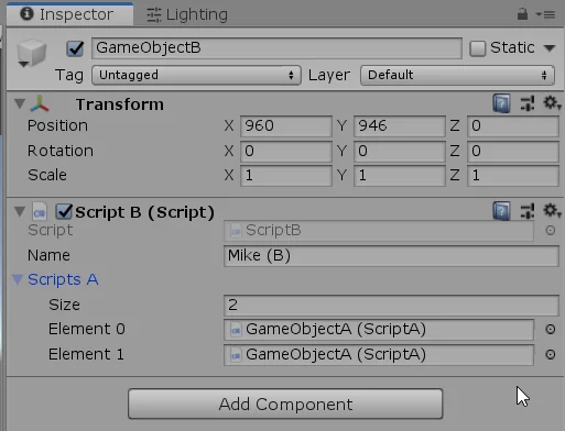 inspector de un gameobject en unity, scripts que se comunican entre si, programacion basica en unity