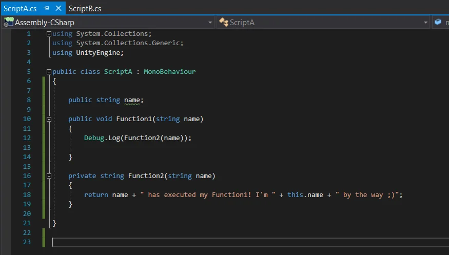 communication between two scripts in unity, a script executes a function defined in another script