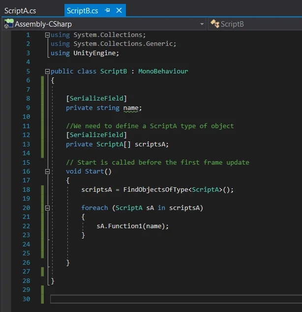 script c sharp que ejecuta funciones definidas en otros scripts, ejemplo en unity, comunicación entre scripts