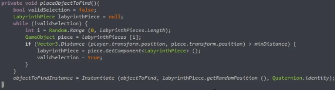 En la imagen hay sólo texto. Es la definición del método place object to find presente en el script Game Control de la serie de video tutoriales "Mi primer juego en Unity".