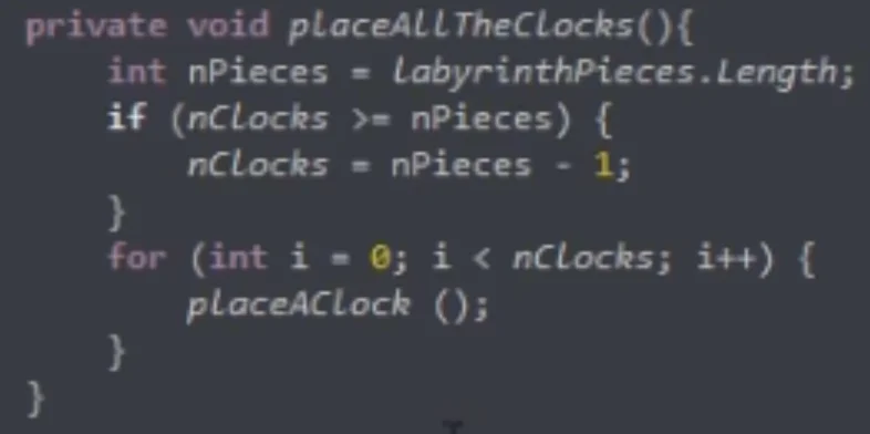 En la imagen hay sólo texto. Es la definición del método place all the clocks presente en el script Game Control de la serie de video tutoriales "Mi primer juego en Unity".