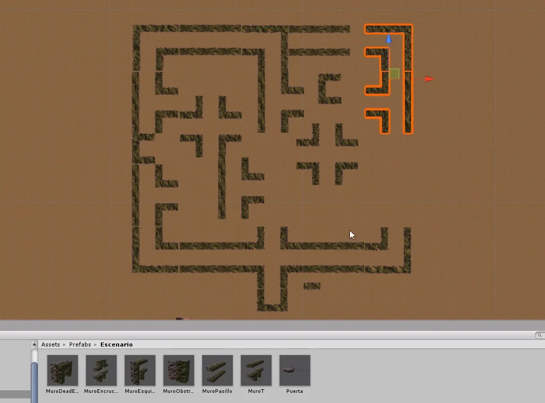 escena en unity 3d, generacion de laberinto utilizando prefabricados