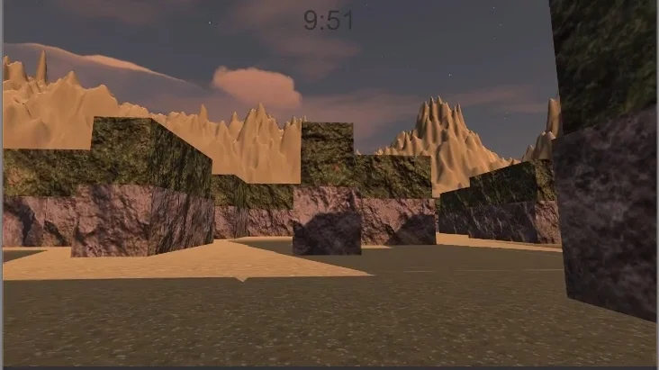 relieve montañoso observado desde el interior de un laberinto, juego en unity 3d