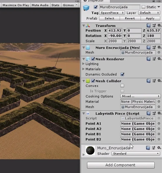 ventana inspector de un gameobject perteneciente a un prototipo de laberinto hecho en unity