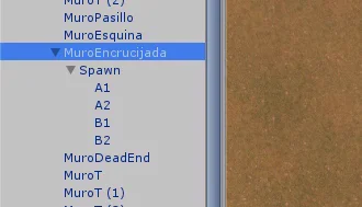 ventana jerarquia en unity, gameobjects que representas piezas de un laberinto