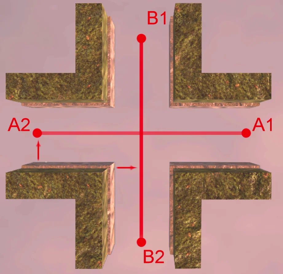 encrucijada de laberinto con texturas, puntos extremos forman dos segmentos