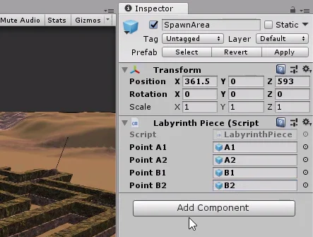 ventana inspector de un gameobject perteneciente a un prototipo de laberinto hecho en unity