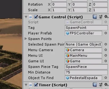 ventana inspector de un gameobject perteneciente a un prototipo de laberinto hecho en unity