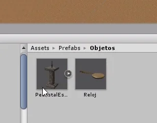 prefabs en unity, pedestal con espada y reloj de pendulo, estos objetos seran colocados en una posicion aleatoria del laberinto usando Random.Range