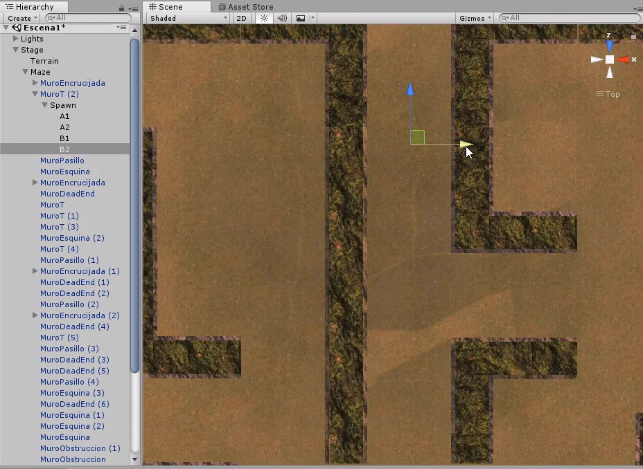 prototipo de laberinto hecho en unity, piezas de laberinto en la jerarquia