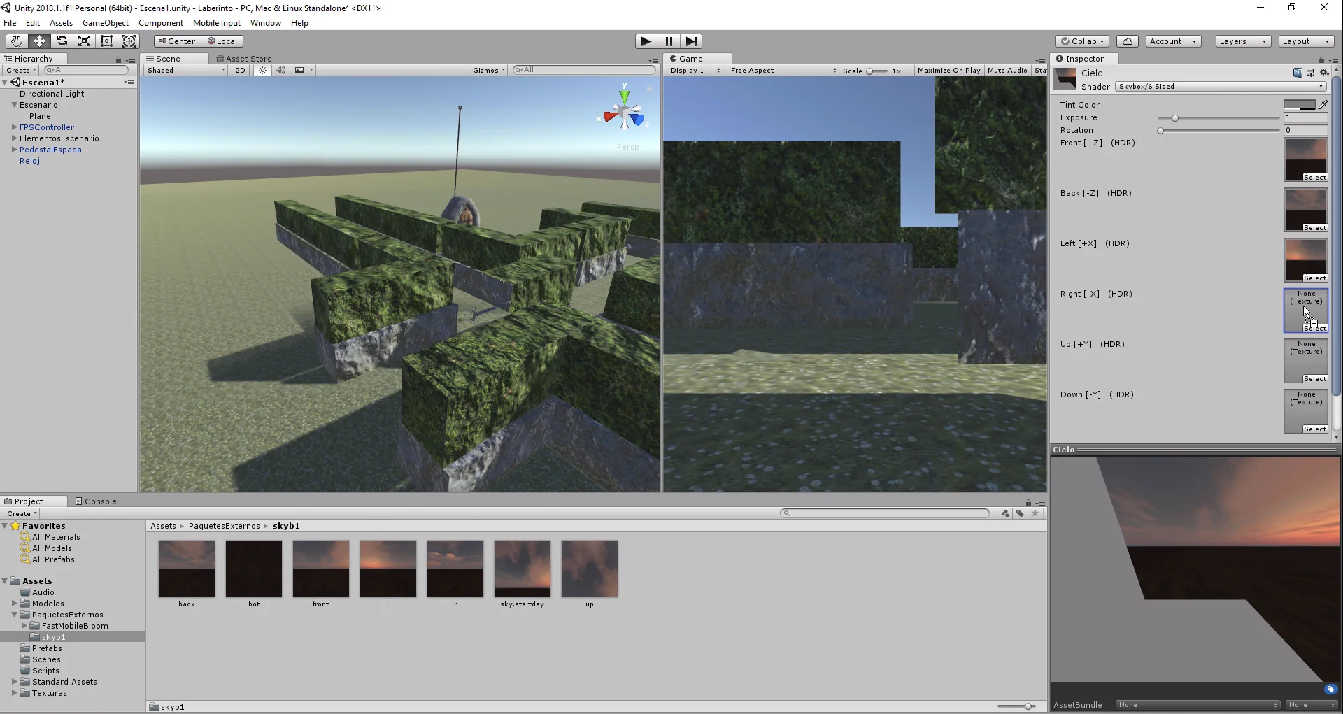 definición de un shader como skybox de 6 lados en programa unity3d desarrollo de videojuegos. colocación de texturas en los slots.