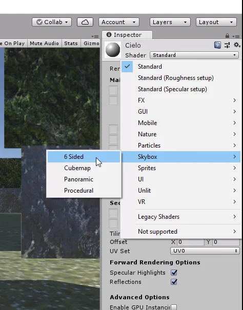 definición de un shader como skybox de 6 lados en programa unity3d desarrollo de videojuegos.