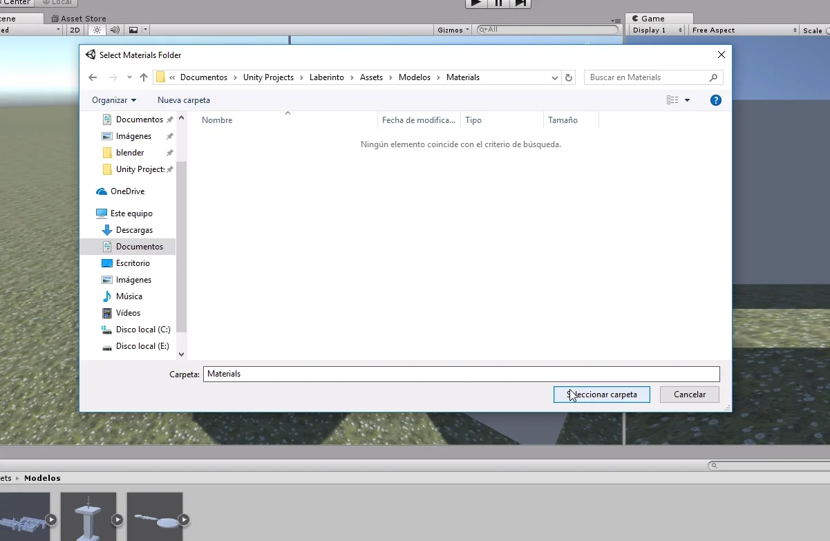 ventana para guardar materiales extraidos. programa unity3d desarrollo de videojuegos.