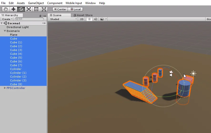 programa unity3d, se han seleccionado los elementos del escenario para eliminarlos. modelos 3d de escalera, cubo y cilindros.