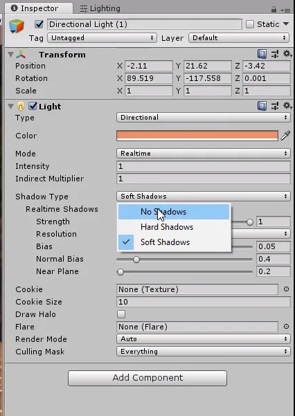 configuracion de los parametros de la luz direccional en el programa unity3d desarrollo de videojuegos. un menú desplegable con la opción "No Shadows" seleccionada.