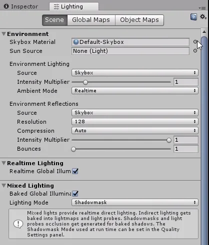 configuración de iluminación en programa unity3d desarrollo de videojuegos.