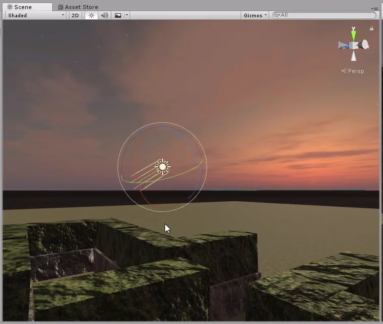 se observa un suelo de cesped con margaritas, varios muros que forman un laberinto y un cielo de atardecer nueblado. en el centro una luz direccional. programa unity3d desarrollo de videojuegos.