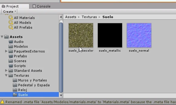 en la ventana del proyecto se observan tres texturas, que conformarán el material del suelo, textura albedo, metallic y normal. programa unity3d desarrollo de videojuegos.