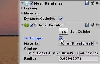 visualización de las propiades de un sphere collider en un proyecto en unity 3d. is trigger activado. juego de laberinto.