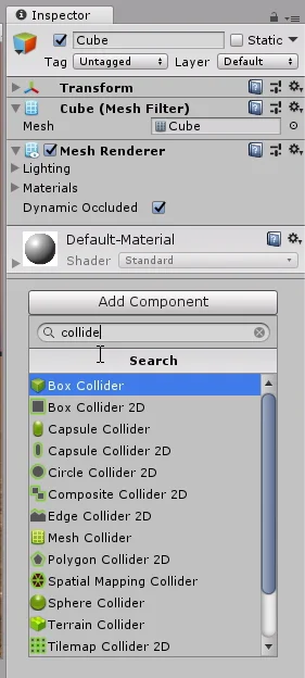 inspector de un gameobject cubo en unity3d. el menu add component está desplegado.