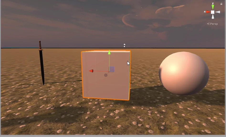 escena en unity3d se observa un suelo con textura de cesped con margaritas. una espada, un cubo blanco y una esfera blanca.