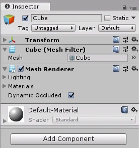 inspector de un gameobject cubo sin box collider en unity3d