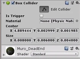 visualización de la componente box collider de un gameobject, se ha apretado el botón edit collider.