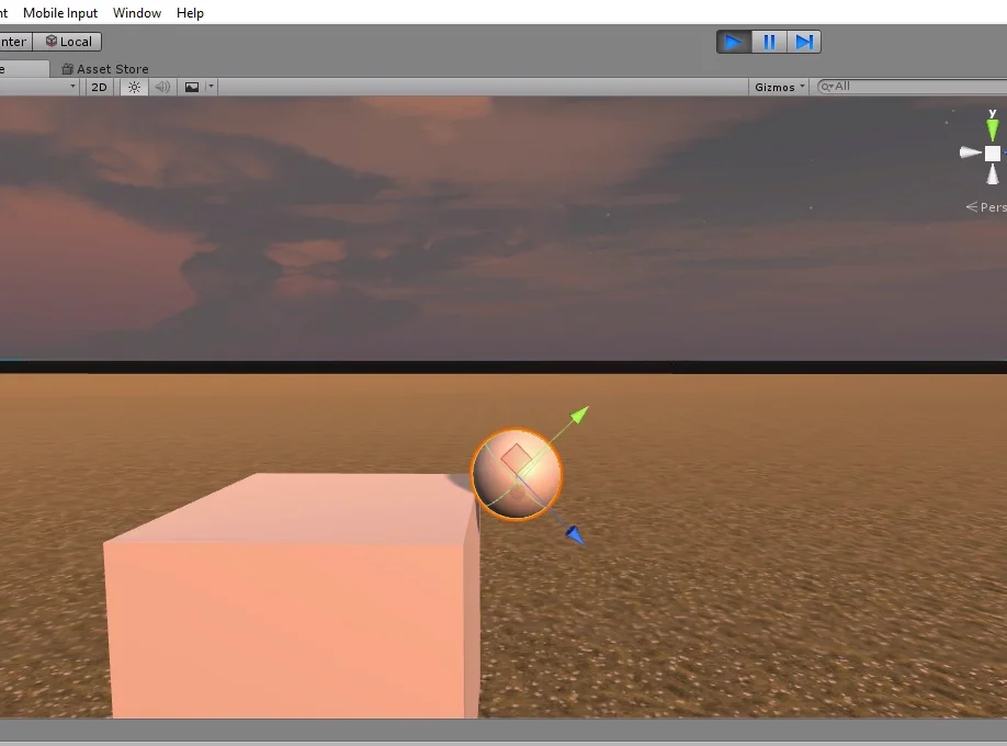 modo juego de un proyecto en unity3d. esfera cae por gravedad sobre cubo.