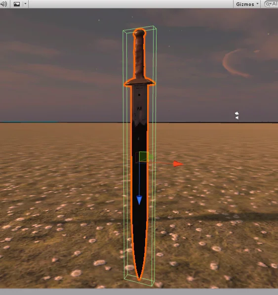 escena en unity 3d con suelo con textura de cesped con margaritas, se observa una espada seleccionada con un box collider que la recubre.
