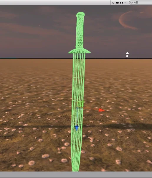 visualización de un mesh collider aplicado a un gameobject espada. mesh renderer desactivado.