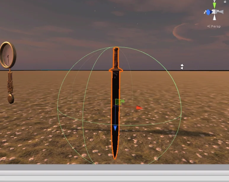 escena en unity 3d con suelo con textura de cesped con margaritas, se observa una espada seleccionada con un sphere collider que la recubre. se observa un reloj de péndulo de oro.