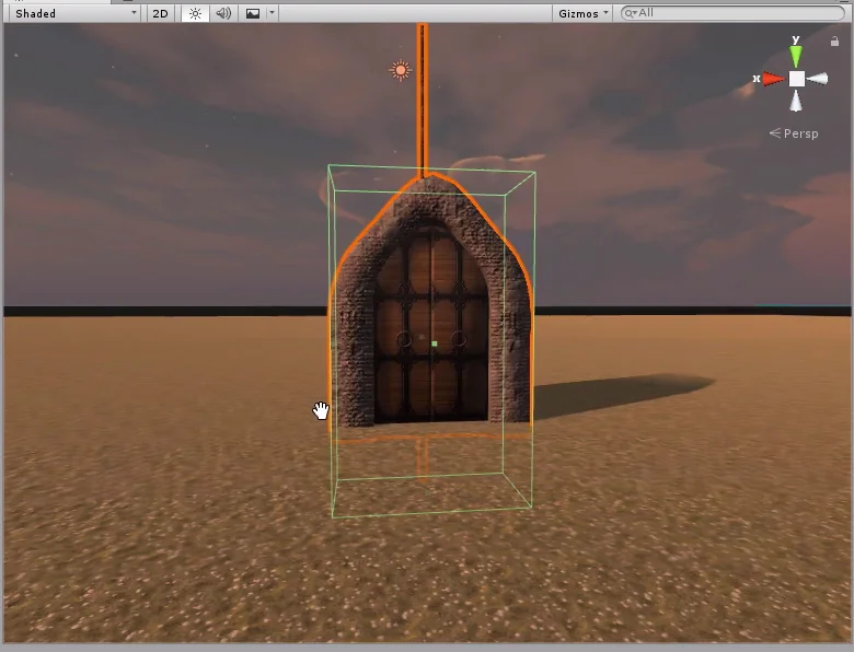 escena de un proyecto en unity 3d. suelo de cesped con margarita, portal antiguo de piedras y madera. box collider asignado. juego de laberinto.