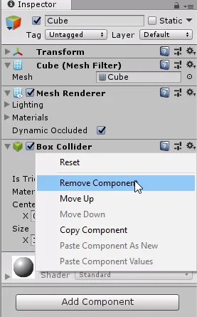 inspector de un gameobject cubo en unity3d. aparece un menú que permite eliminar el componente