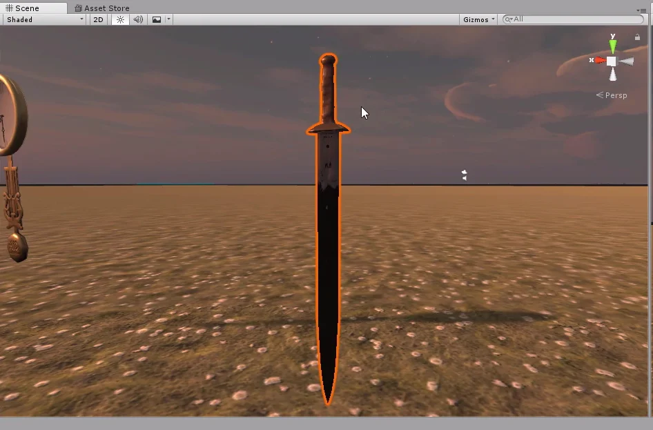 escena en unity 3d suelo con textura de cesped con margaritas, una espada apuntando hacia abajo y medio reloj.