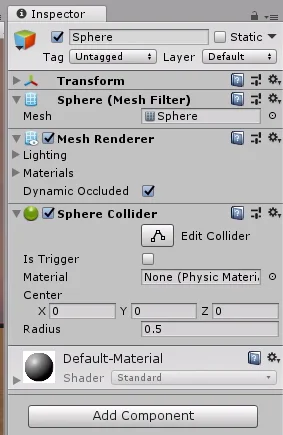 inspector de un gameobject esfera en unity3d