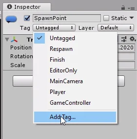 menu para añadir tag en en unity 3d.