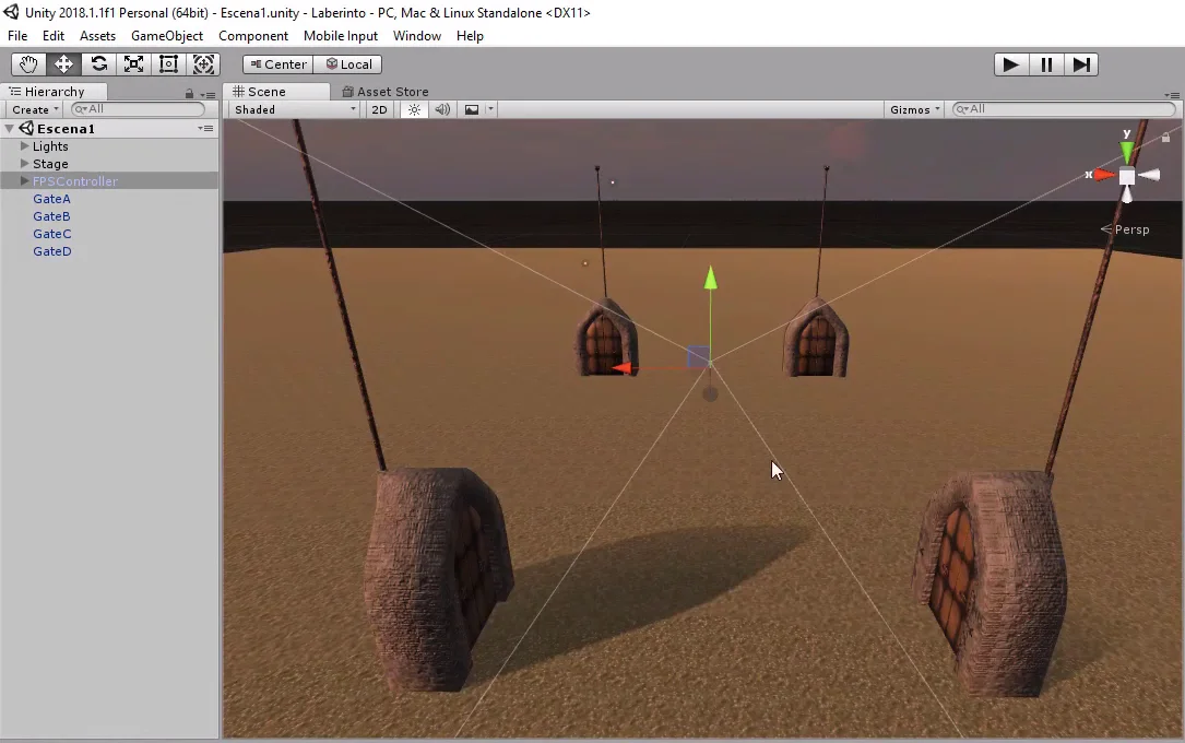 escena de unity 3d en la que se observa un suelo de cesped con margaritas y cuatro portales.