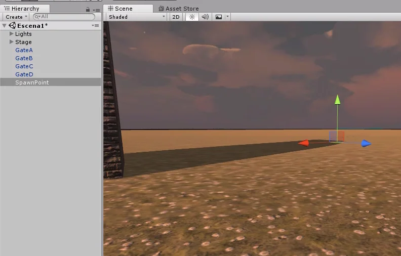 unity 3d se observa un atardecer y un suelo de cesped con margaritas