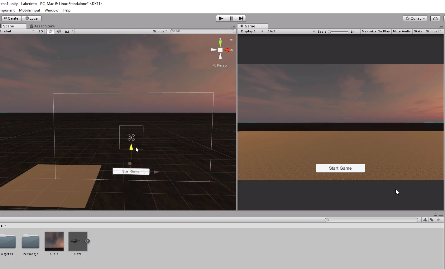 ventana partida de unity 3d en una ventana se ve la escena y en la otra el juego, con esto se visualiza la interfaz gráfica.