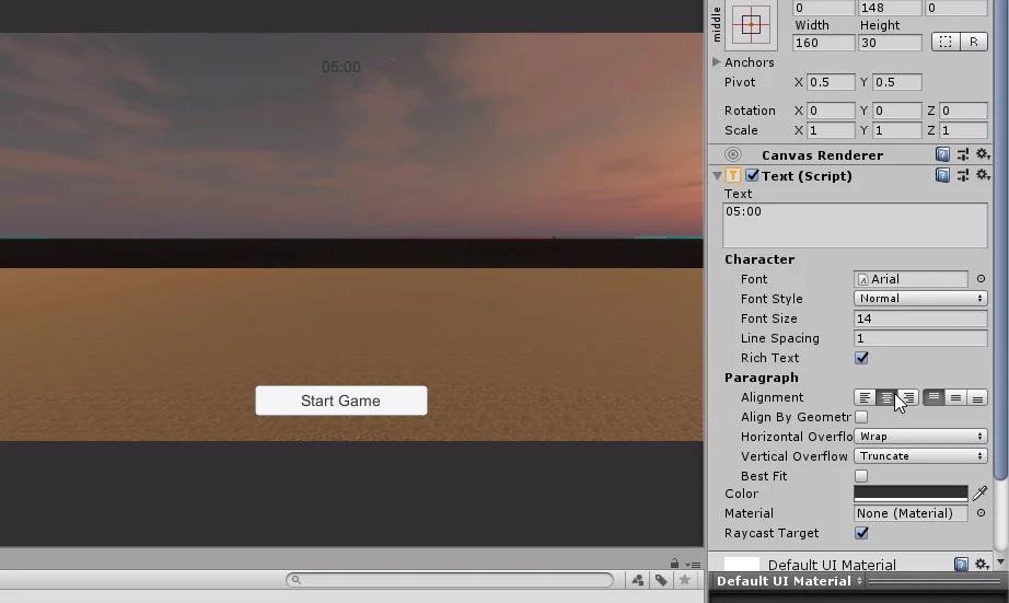 inspector de unity 3d con un gameobject tipo texto seleccionado. Escena de juego con un atardecer, suelo de cesped y un boton que dice start game.