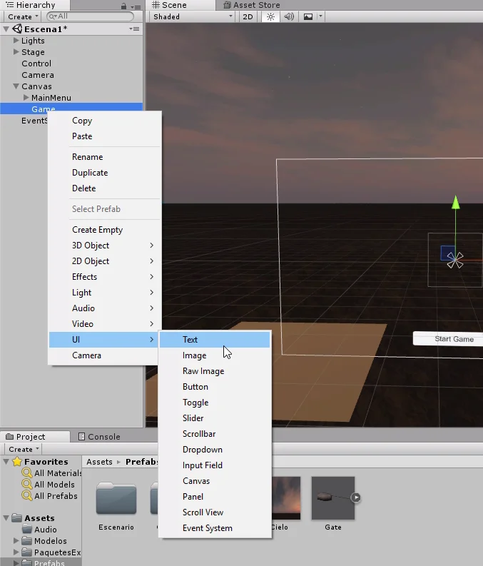 crear texto en unity para hacer una interfaz grafica. jerarquia de unity 3d con algunos objetos, crear objeto vacio en unity 3d